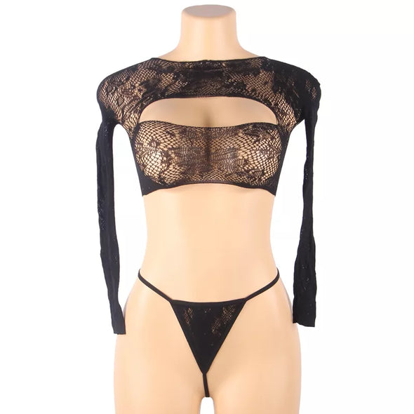 Hollow Out Long Sleeve Bra And Panty Set