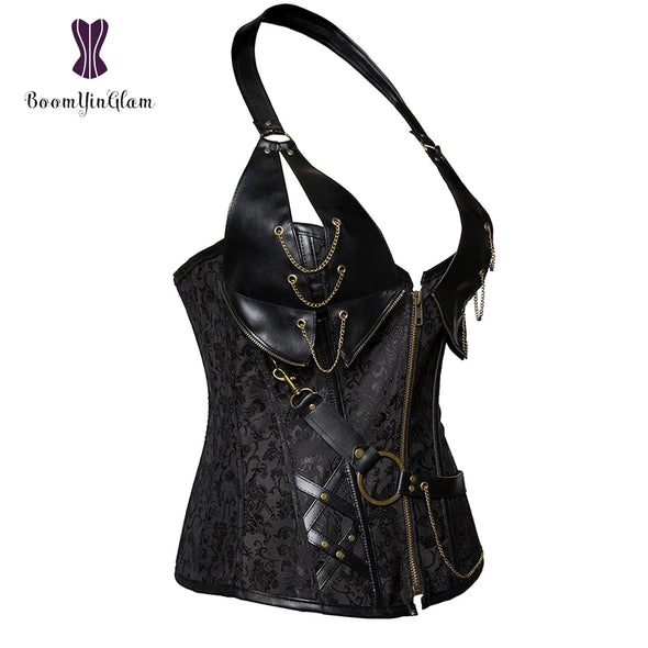 Plus Size Zip Up Steampunk Halter Leather Corset