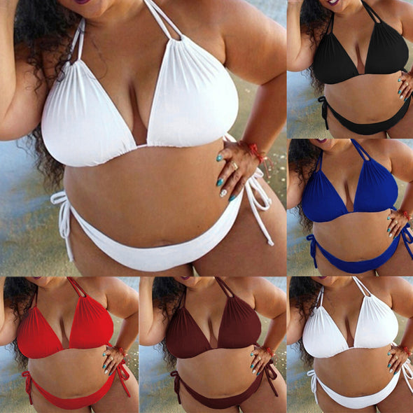 Womens Plus Size Swimsuit Lace-up Triangle Two Piece Bikini Set Padded Swimwear Beachwear High Cut Bathing Suit Biquini Female